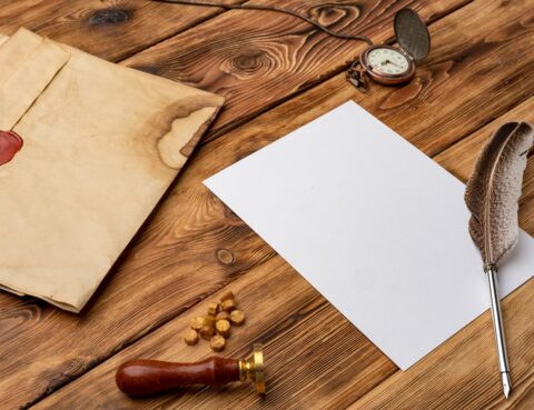 Przykład listu mazalnego zobrazowany gustownym piórem i kopertą z pieczęcią